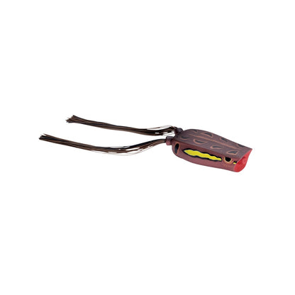 The Spro Bronzeye Pop 70 by SPRO is a bass fishing lure in brown and red, mimicking small fish or bait with two long tails and a yellow wavy line pattern. Its integrated Gamakatsu hook ensures top-notch performance.