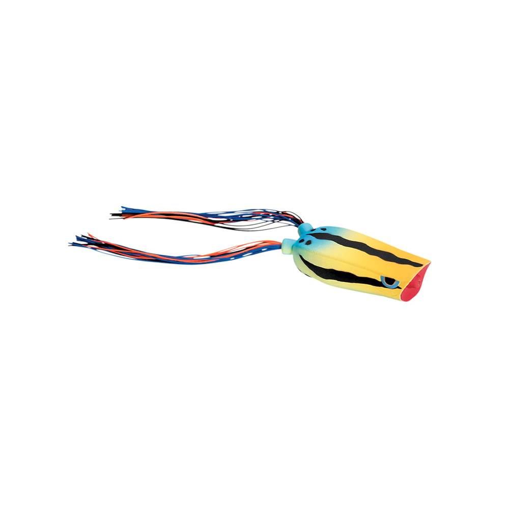 The SPRO Bronzeye Pop 70 is a vibrant bass fishing lure with a yellow and blue body, black stripes, long multicolored tassels, and features a concave red popper-style mouth. It’s designed to attract fish and is equipped with sharp Gamakatsu hooks.