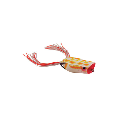 The SPRO Bronzeye Pop 50 is a lifelike frog-shaped fishing lure with yellow-red patterns, perfect for bass fishing. It pairs well with a Gamakatsu Double Hook and features a soft body, curved edges, and red-white dangling leg strands.