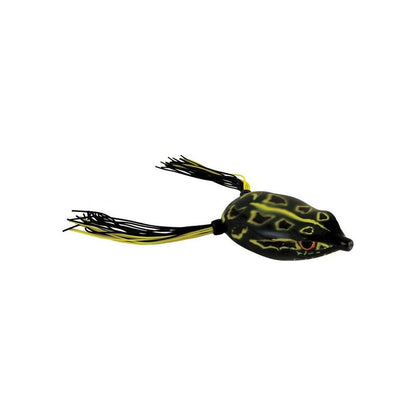 The SPRO Bronzeye Frog is a topwater lure designed by Dean Rojas with a black and green body, featuring yellow and green patterns. It has lifelike dangling strands that mimic frog legs, set against a white background, ideal for fishing enthusiasts who desire realistic action.