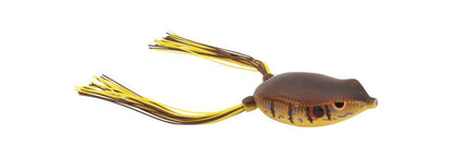 The SPRO Bronzeye Frog is a brown and yellow frog-shaped lure featuring a Gamakatsu Hook, two rubbery multicolored tails, realistic eyes, and a textured body to mimic a frog.