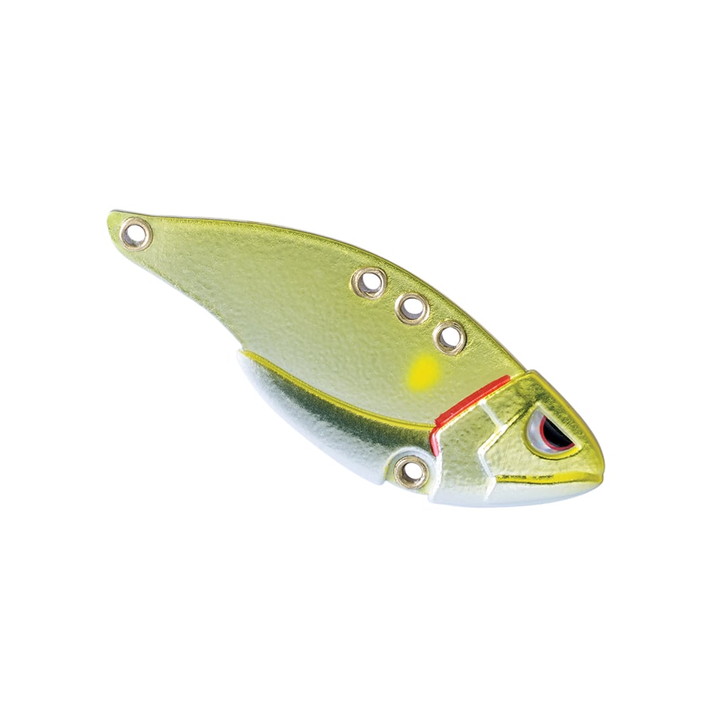 The SPRO Carbon Blade TG Blade Bait is a metallic fishing lure crafted in the shape of a fish, featuring a greenish-yellow body with red accents near the eye and multiple holes along its back for versatile attachment. Designed for bass anglers, this blade bait showcases a slightly textured surface and smooth underside to mimic movement and entice fish.