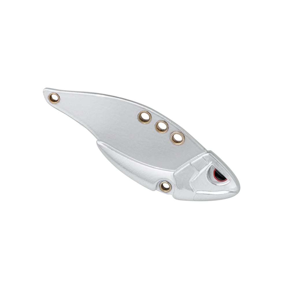 The SPRO Carbon Blade TG Blade Bait is a silver fish-shaped fishing lure featuring a carbon blade with four circular holes along the back. It includes red and black detailing on the head, making it an ideal choice for bass anglers. The lure is set against a white background.