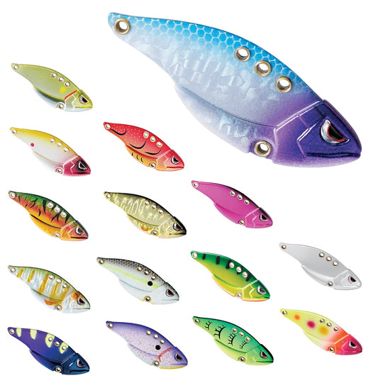 A lineup of Spro Carbon Blade TG Blade Baits by SPRO, ideal for bass anglers, is displayed against a white background. These lures boast vibrant color combinations of blues, greens, reds, and purples and are equipped with small metal rings for convenient attachment.