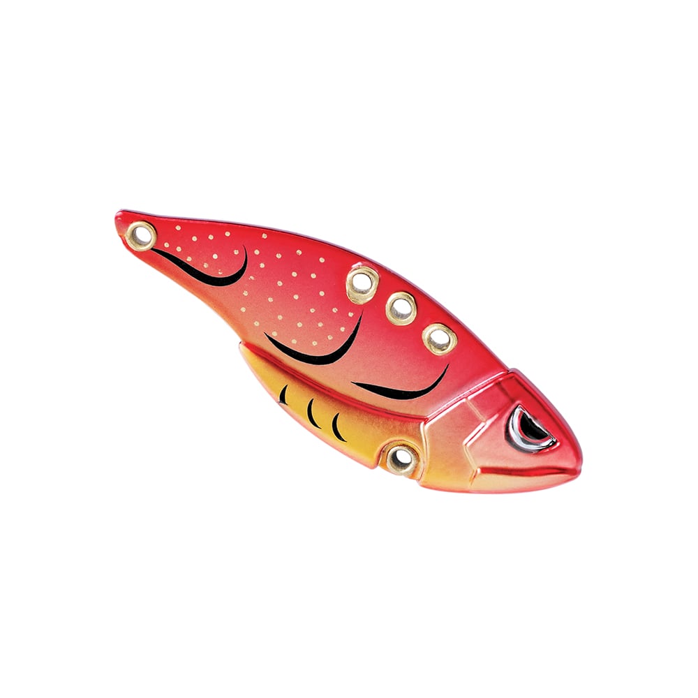 The SPRO Carbon Blade TG Blade Bait is a red and orange fishing lure from the SPRO brand, decorated with black highlights and gold spots. It features realistic eyes, scales, and fins, making it perfect for bass anglers by mimicking natural prey to attract fish easily.