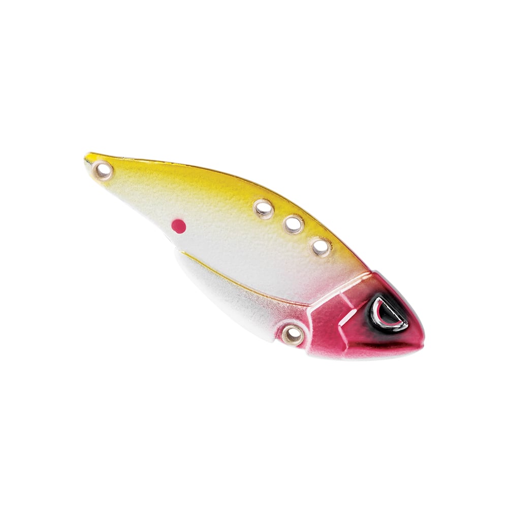 The SPRO Carbon Blade TG Blade Bait is a multi-colored fishing lure designed with a lifelike fish shape, displaying a yellow-to-red gradient and metallic appearance. Perfect for bass anglers, it features multiple attachment holes and a red-tinted head with a realistic eye design, making it an ideal choice for blade bait enthusiasts.