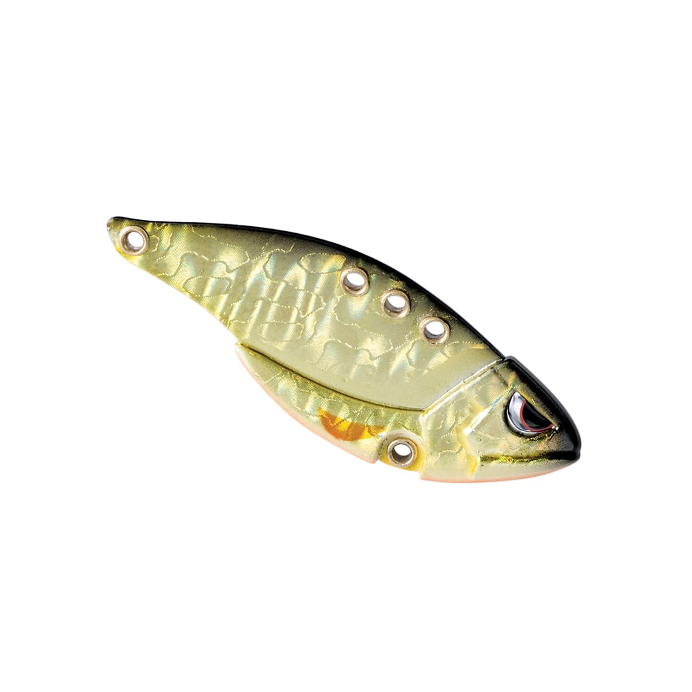 Introducing the SPRO Carbon Blade TG Blade Bait, a must-have for bass anglers. This lure boasts a textured fish-shaped design with multiple perforations for easy line attachment. Its shiny, reflective finish in green, gold, and orange hues is enhanced by a realistic eye detail at one end.