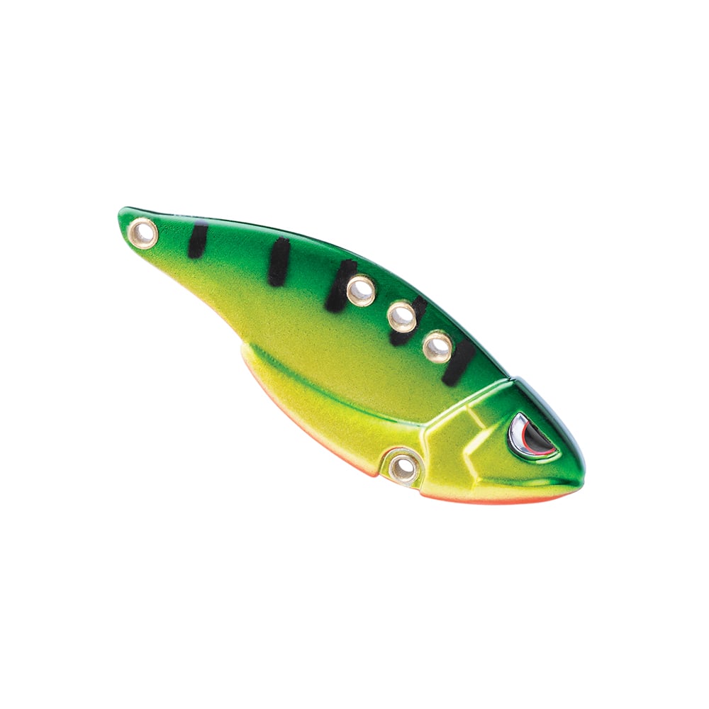 This Spro Carbon Blade TG Blade Bait, created by SPRO, captivates bass anglers with its eye-catching fish-shaped design featuring a gradient from green to yellow, accented with black stripes and red around the eyes. Known for its versatility, it includes multiple holes for attaching fishing lines or hooks.