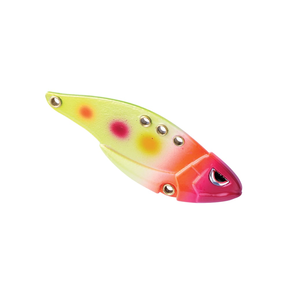 The SPRO Carbon Blade TG Blade Bait is a vibrant fish-shaped fishing lure, showcasing a pink head, yellow body with red spots, and three silver holes along the top. It's perfect for bass anglers and has a distinct design against a white background.