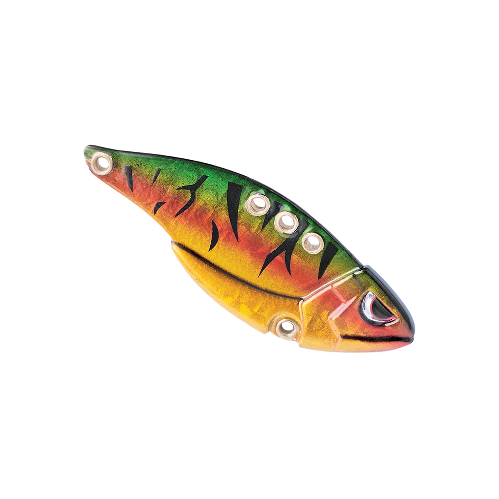 Introducing the SPRO Carbon Blade TG Blade Bait, a dynamic fishing lure designed for bass enthusiasts. This fish-shaped lure features a striking gradient color palette of green, yellow, and orange complemented by bold black stripes. With detailed markings and sturdy metal eyelets, it ensures effortless attachment to your fishing line.