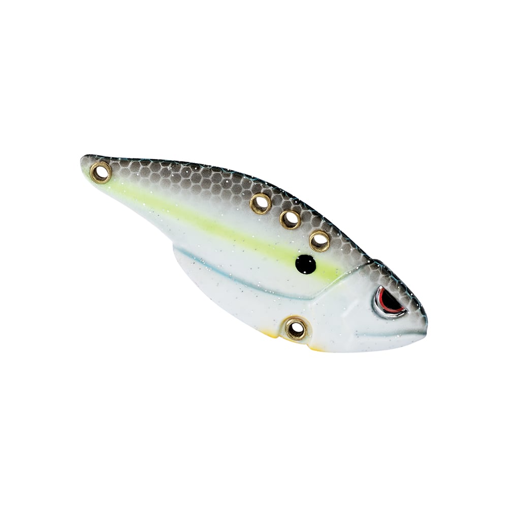 Introducing the Spro Carbon Blade TG Blade Bait from SPRO, a striking fishing lure featuring a realistic fish shape in gray and white. This lure is perfect for bass anglers, adorned with a yellow stripe along its side, small black dots on top, and a captivating large red eye. It is expertly designed with multiple eyelets for easy attachment to fishing lines.