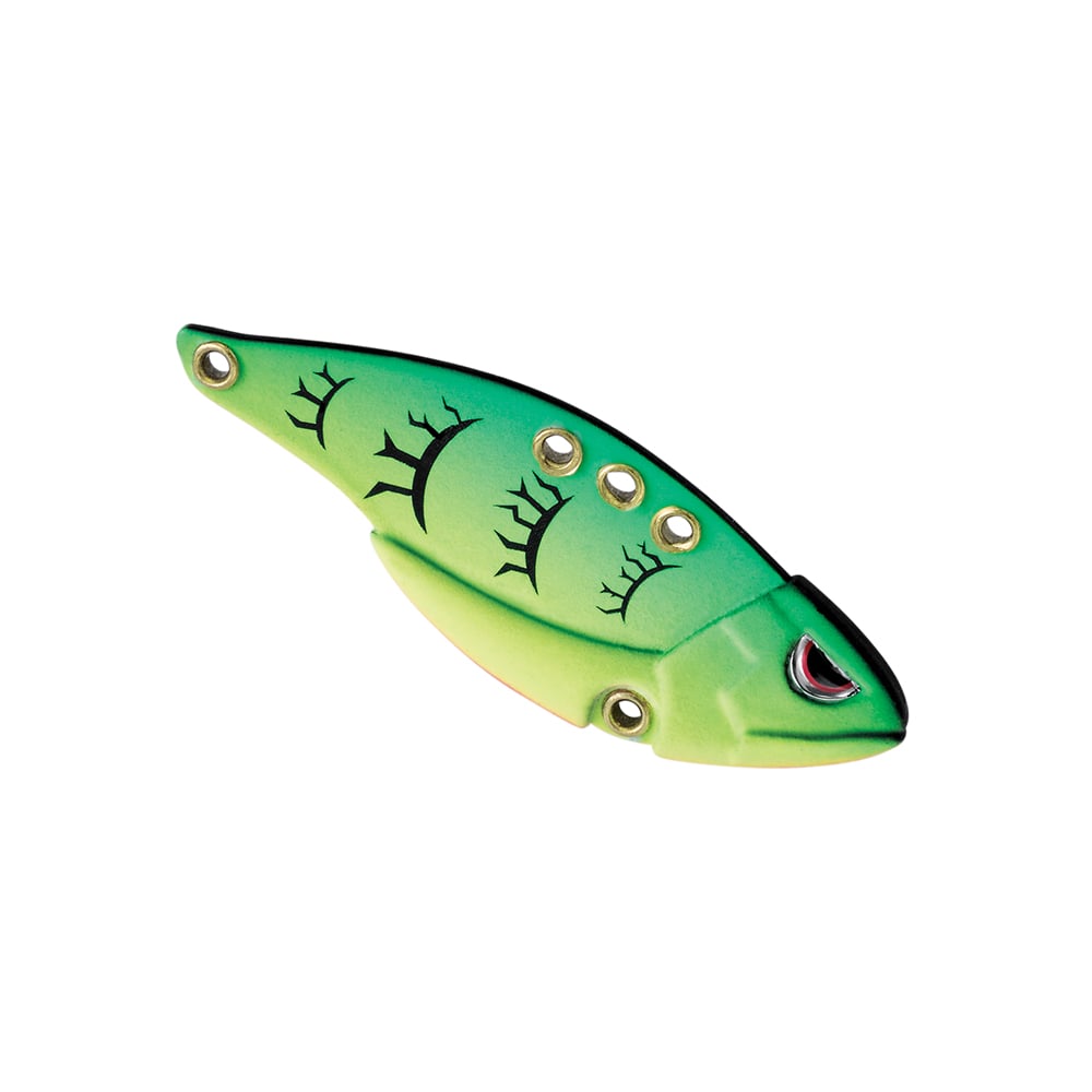 The SPRO Carbon Blade TG Blade Bait is a green and yellow fish-shaped lure adorned with black markings and silver eyes, offering multiple attachment holes. Tailored for bass anglers, this sleek SPRO bait features a shiny, smooth surface that's ideal for fishing.