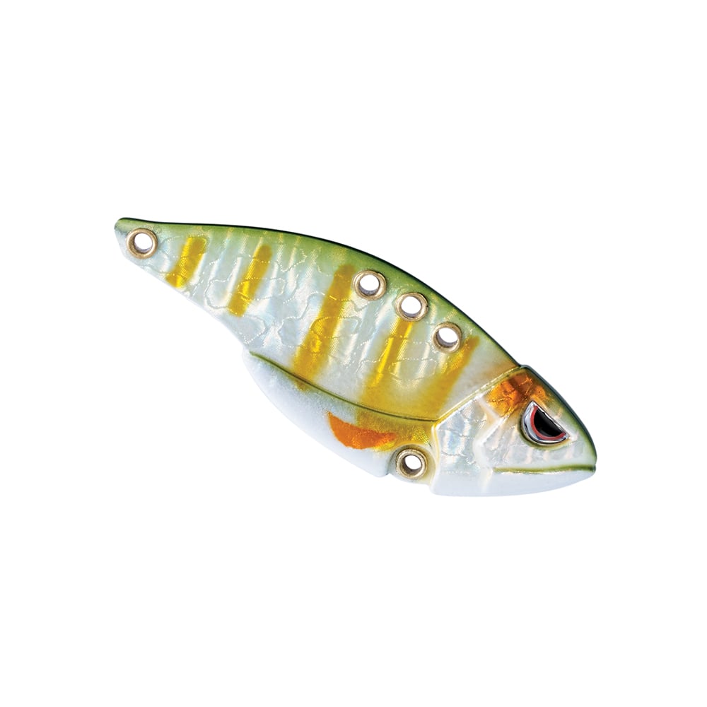 The SPRO Carbon Blade TG Blade Bait, designed in a shiny, fish-shaped form with yellow stripes and red accents on a white background, is perfect for bass anglers. It includes multiple eyelets for attachment, making it an ideal choice among blade baits.