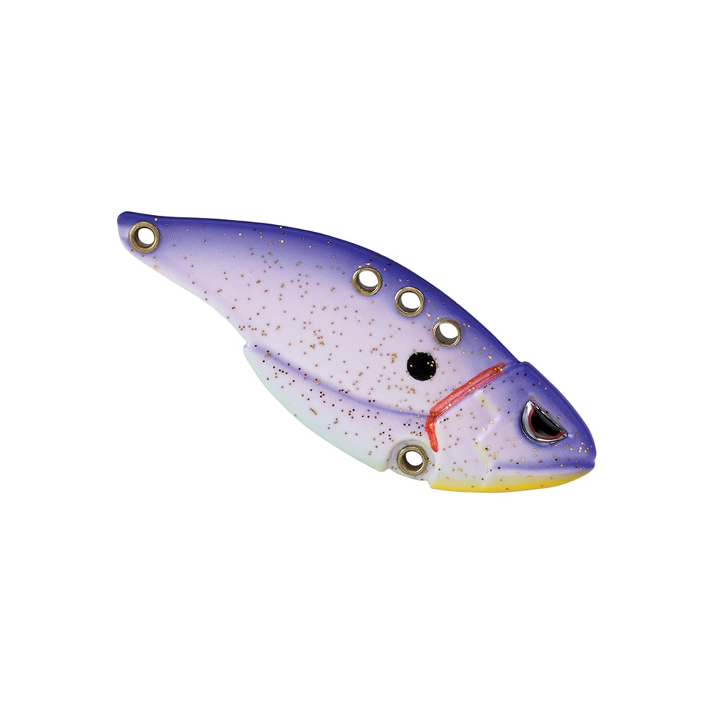 This Spro Carbon Blade TG Blade Bait by SPRO, ideal for bass anglers, is designed in the shape of a small fish. It has several holes along the top and features a black eye with a subtle speckled pattern, reminiscent of sleek blade baits that cut through water with precision.