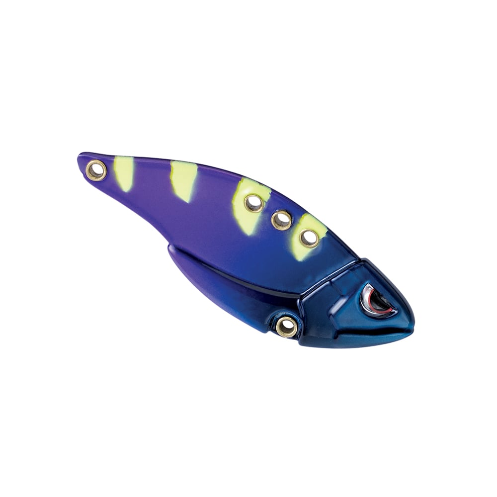 Introducing the SPRO Carbon Blade TG Blade Bait, a vibrant fishing lure perfect for bass anglers during cold-water fishing. This bait is shaped like a small fish and features a metallic blue and purple body adorned with yellow spots. It also includes multiple eyelet holes for versatile line attachment.