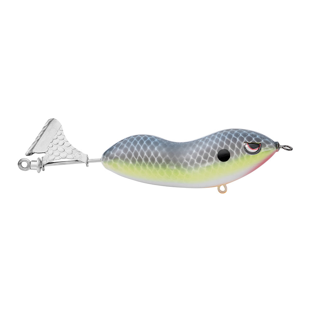 The SPRO Cyclone Prop Jr. Topwater is a fish-styled bait with a segmented tail, silvery-blue body, yellow stripe, pink underside, eye design at the front, and belly hook—ideal for bass fishing.