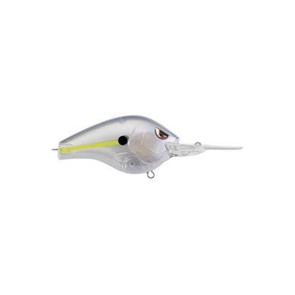 The SPRO Fat Papa 55 Crankbait, designed with Russ Lane, has a transparent fish-like shape, streamlined body, black eye with red outline, yellow side stripe, and sharp Gamakatsu treble hooks for top performance.