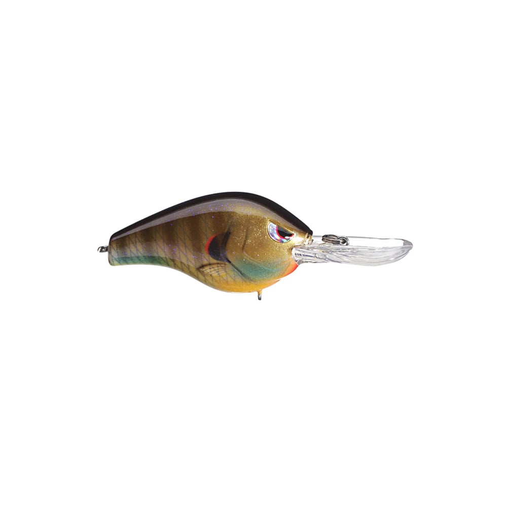 The SPRO Fat Papa 55 Crankbait, designed by Russ Lane, is a fish-shaped lure featuring a vibrant green, orange, and brown color blend. It comes with Gamakatsu treble hooks and a clear plastic diving lip for precision and attraction, making it perfect for anglers targeting their next catch.