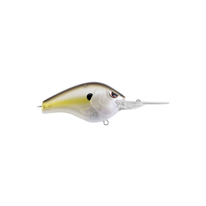 The SPRO Fat Papa 55 Crankbait, designed by Russ Lane, showcases a round translucent body with a yellow-green top and white underbelly. It comes equipped with Gamakatsu treble hooks and features a large clear plastic lip for easy line attachment.