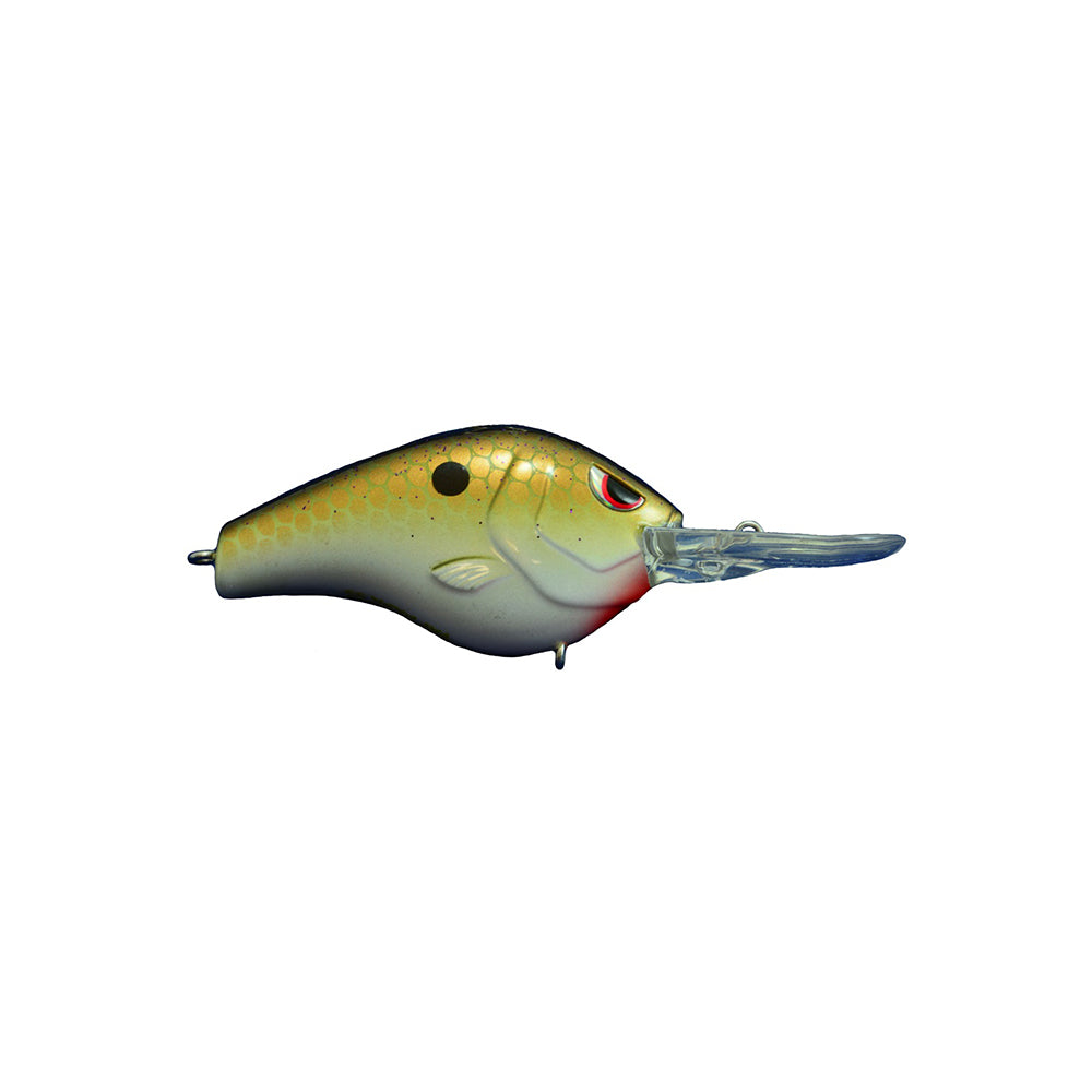 Introducing the SPRO Fat Papa 55 Crankbait, a meticulously detailed fish-shaped lure. It features a cream and gold scale pattern, red eye, transparent diving bill, and sharp Gamakatsu treble hooks—ideal for attracting larger predatory fish.