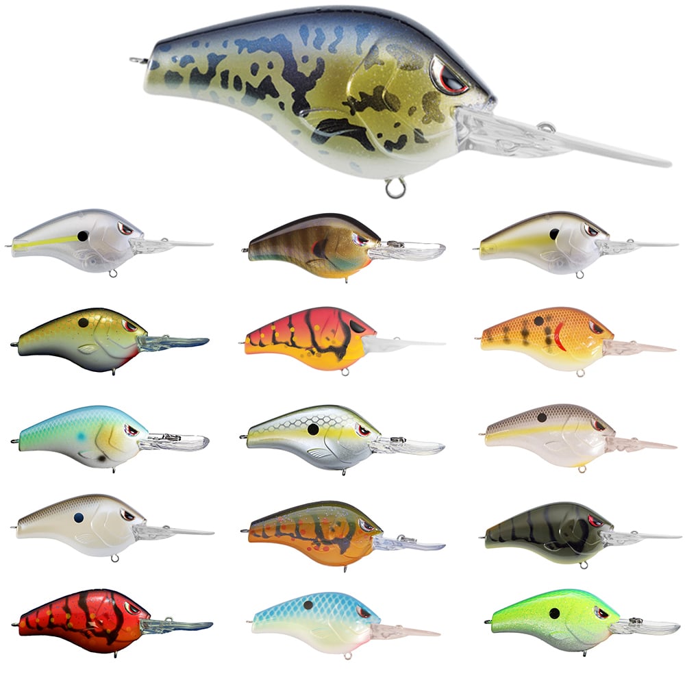 The SPRO Fat Papa 55 Crankbait collection offers 14 lures in vibrant hues and patterns like camo, stripes, and spots. Each lure features unique designs with colors ranging from green and blue to red and orange, equipped with Gamakatsu treble hooks for superior performance.