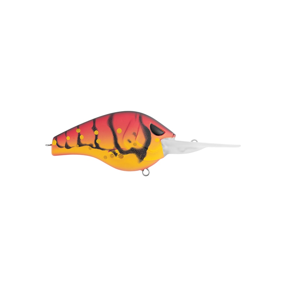 Side view of a vibrant Spro Fat Papa 55 Crankbait by SPRO, mimicking a fish with a red-to-yellow gradient, black stripes and spots, equipped with Gamakatsu treble hooks and featuring an extended translucent lip.