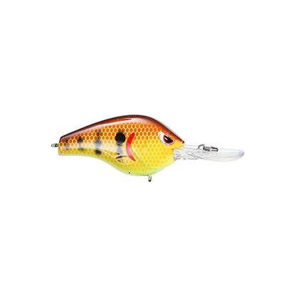 Introducing the SPRO Fat Papa 55 Crankbait by Russ Lane—this vivid fishing lure showcases an orange and yellow scale pattern with a shiny metallic finish, equipped with Gamakatsu treble hooks and a clear lip for diving. It resembles a small fish with intricate eye detail.