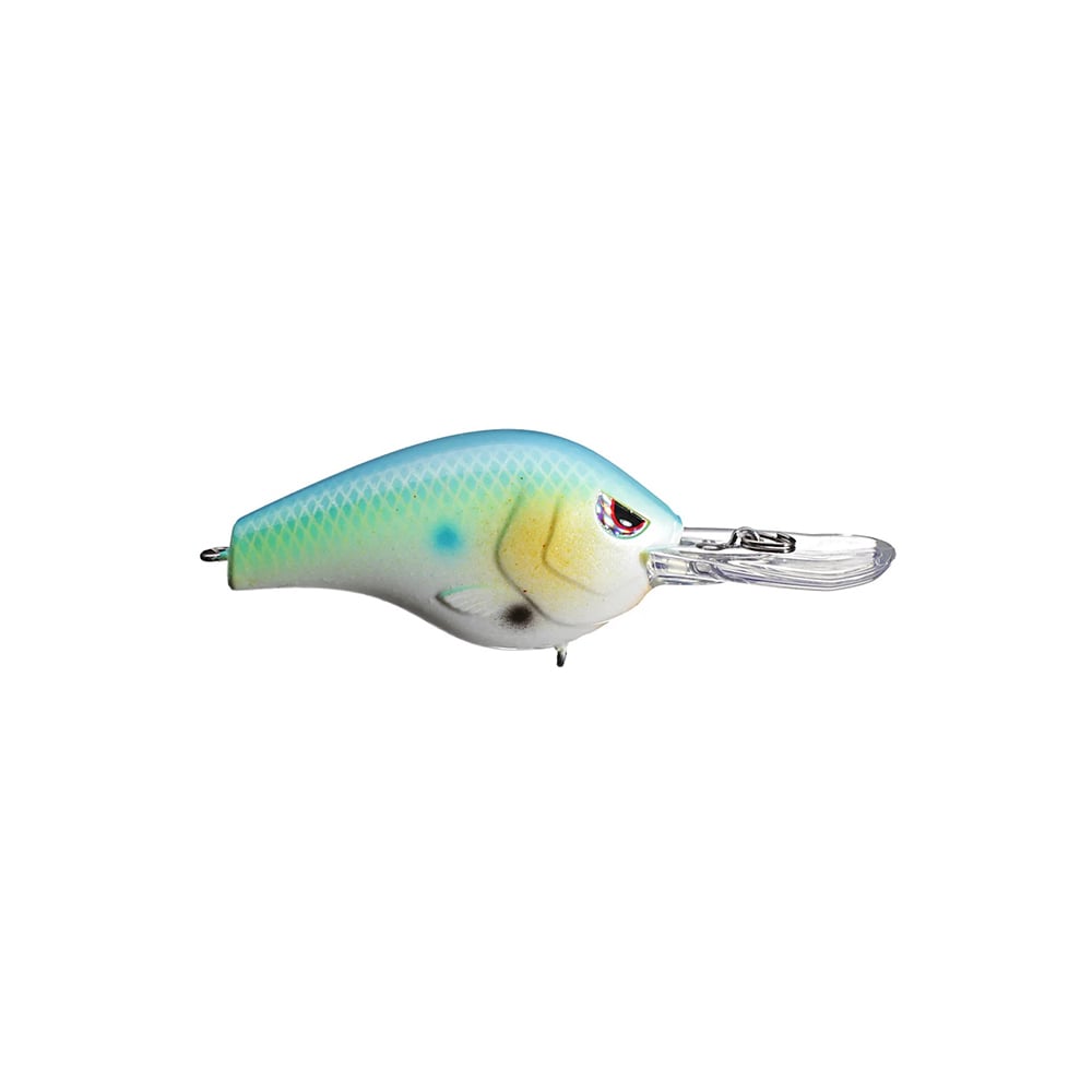 The Spro Fat Papa 55 Crankbait by SPRO, developed with Russ Lane, showcases a blue and white body with yellow accents near the eye, red-eye detail, and a clear plastic lip. It mimics small fish and is equipped with Gamakatsu treble hooks for effective freshwater fishing.