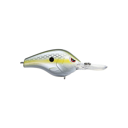 The SPRO Fat Papa 55 Crankbait is a fish-shaped lure with a silver body, yellow accents, and red eye. It features Gamakatsu treble hooks and a clear plastic diving lip that reflects light to attract fish.