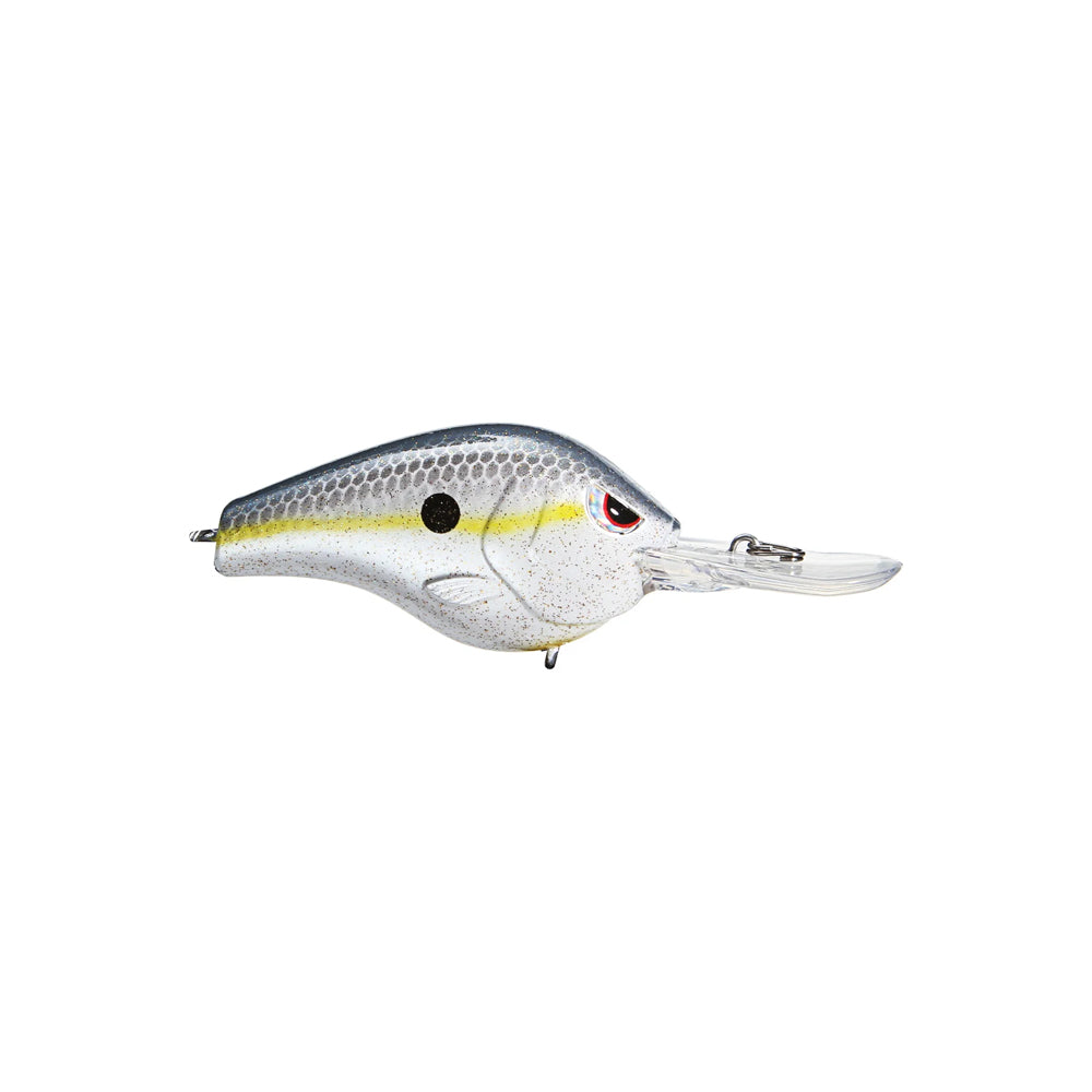 Introducing the SPRO Fat Papa 55 Crankbait, designed by Russ Lane: a lure with a silver and white body, yellow stripe, black dot, sturdy Gamakatsu treble hooks, clear translucent bill, and red accents near the eyes for enhanced attraction.