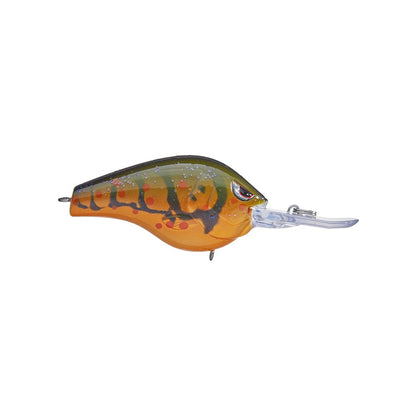 The SPRO Fat Papa 55 Crankbait is a segmented, multicolored fishing lure with an orange, green, and black pattern. It includes a clear plastic diving lip and Gamakatsu treble hooks for an enhanced fishing experience.