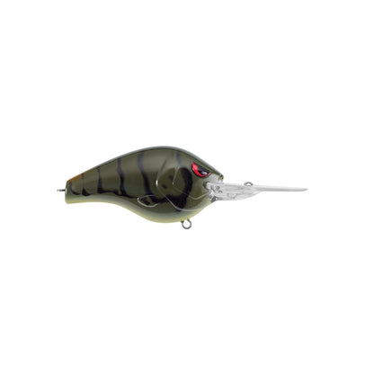 The SPRO Fat Papa 55 Crankbait, designed by Russ Lane, is a green and black fish-shaped lure with red eyes and a long transparent diving lip. It features sharp Gamakatsu treble hooks to mimic prey and elevate your fishing experience.