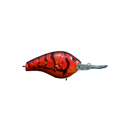 The Spro Fat Papa 55 Crankbait by SPRO features a vibrant red and orange design accented with black stripes and a clear, elongated plastic bill. It mimics small fish and is equipped with Gamakatsu treble hooks, making it ideal for catching predatory fish in both freshwater and saltwater.