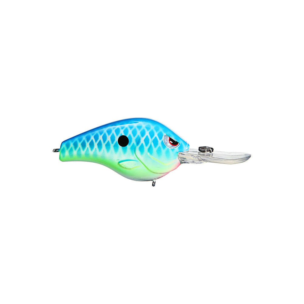 The SPRO Fat Papa 55 Crankbait boasts a vibrant fish-shaped design with blue-green scales, translucent lip, and striking red eyes. It's fitted with sharp Gamakatsu treble hooks for optimal attraction, all showcased on a pristine white backdrop.