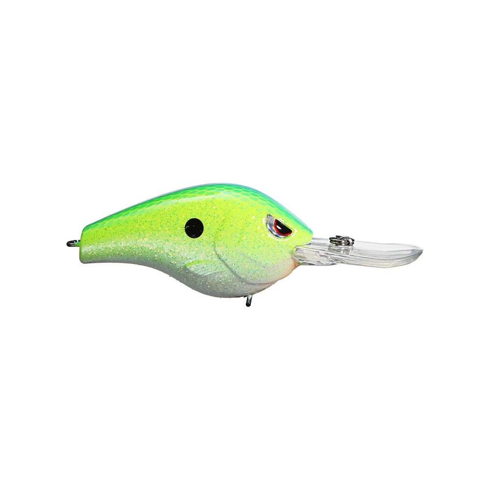 The Spro Fat Papa 55 Crankbait, crafted by Russ Lane for SPRO, showcases a glossy iridescent green back transitioning to a white belly with realistic fish-like features, including a round black eye and Gamakatsu treble hooks. Its clear plastic lip enables it to dive underwater effortlessly.