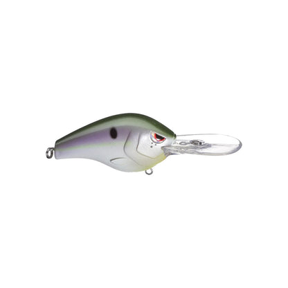 The SPRO Fat Papa 70 Crankbait, designed with input from MLF Angler Russ Lane, resembles a small fish featuring a green and silver body, red eyes, a clear long lip, and Gamakatsu treble hooks for freshwater fishing.