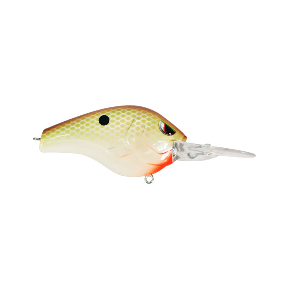 The SPRO Fat Papa 70 Crankbait is a vibrant fishing lure featuring a fish-like design with a yellow and green body, red underbelly, and Gamakatsu treble hooks. It has a large clear plastic lip for diving.