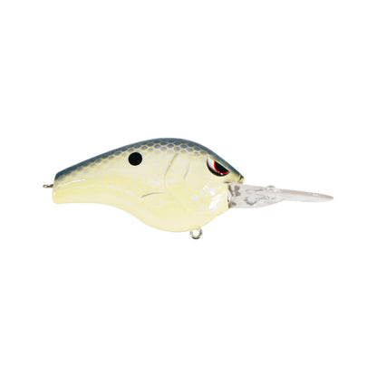 The SPRO Fat Papa 70 Crankbait, designed in collaboration with MLF Angler Russ Lane, is a white fish-shaped lure accented in blue. It includes a red and black eye, Gamakatsu treble hooks for improved catch rates, and features a clear plastic lip at the front.