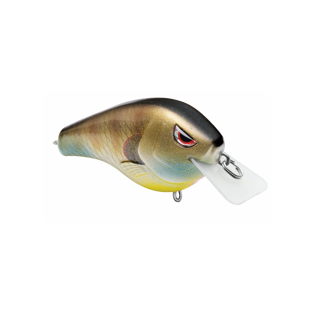 The Spro Fat Papa Squarebill Crankbait by SPRO is a fish-shaped lure featuring a metallic brown, silver, and yellow body with red eyes and a transparent lip. It dives effortlessly and comes equipped with Gamakatsu Treble Hooks, ideal for anglers seeking performance and precision.