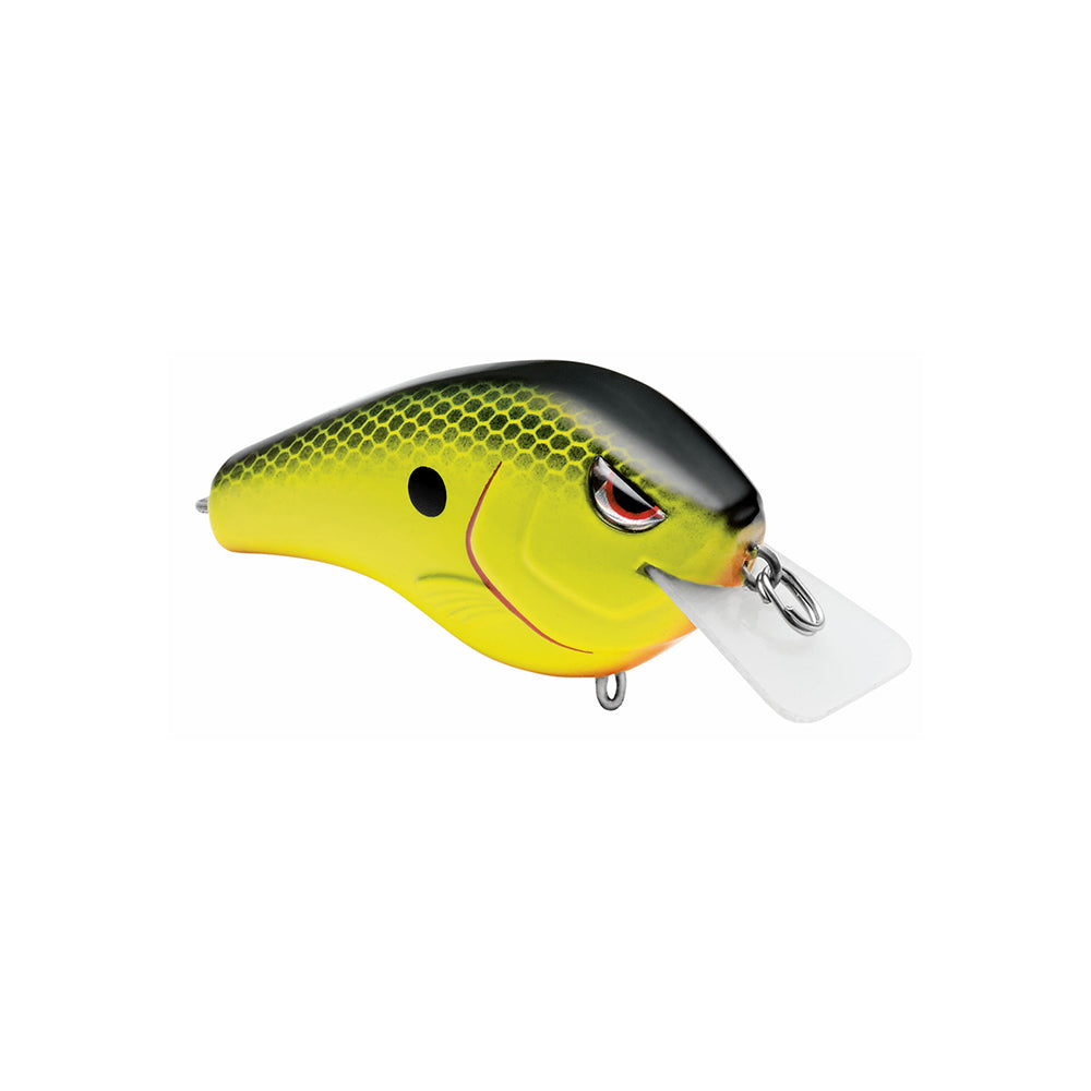 The Spro Fat Papa Squarebill Crankbait by SPRO, inspired by Russ Lane, features a vibrant yellow and green scaled texture, striking black top, red eye, clear plastic diving lip, metal loop for line attachment, and is equipped with Gamakatsu Treble Hooks.