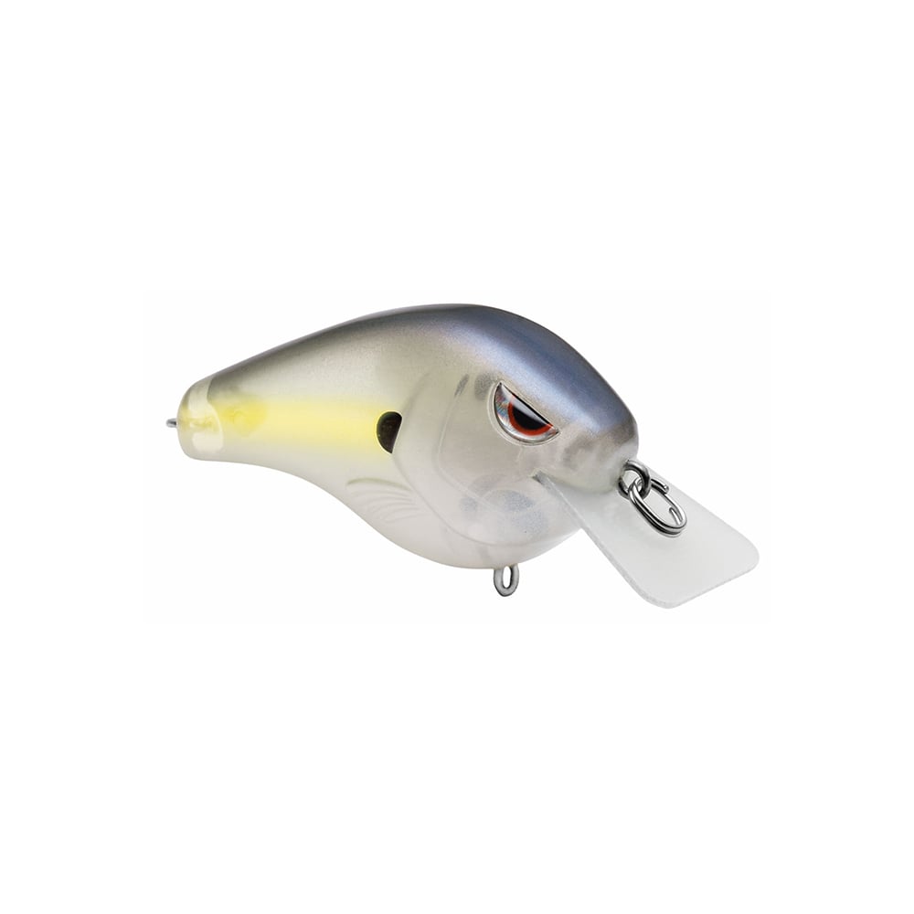 The SPRO Fat Papa Squarebill Crankbait, inspired by Russ Lane, boasts a translucent gray and yellow body with a prominent red eye and clear lip for precision. Its durable Gamakatsu treble hooks ensure a secure catch.