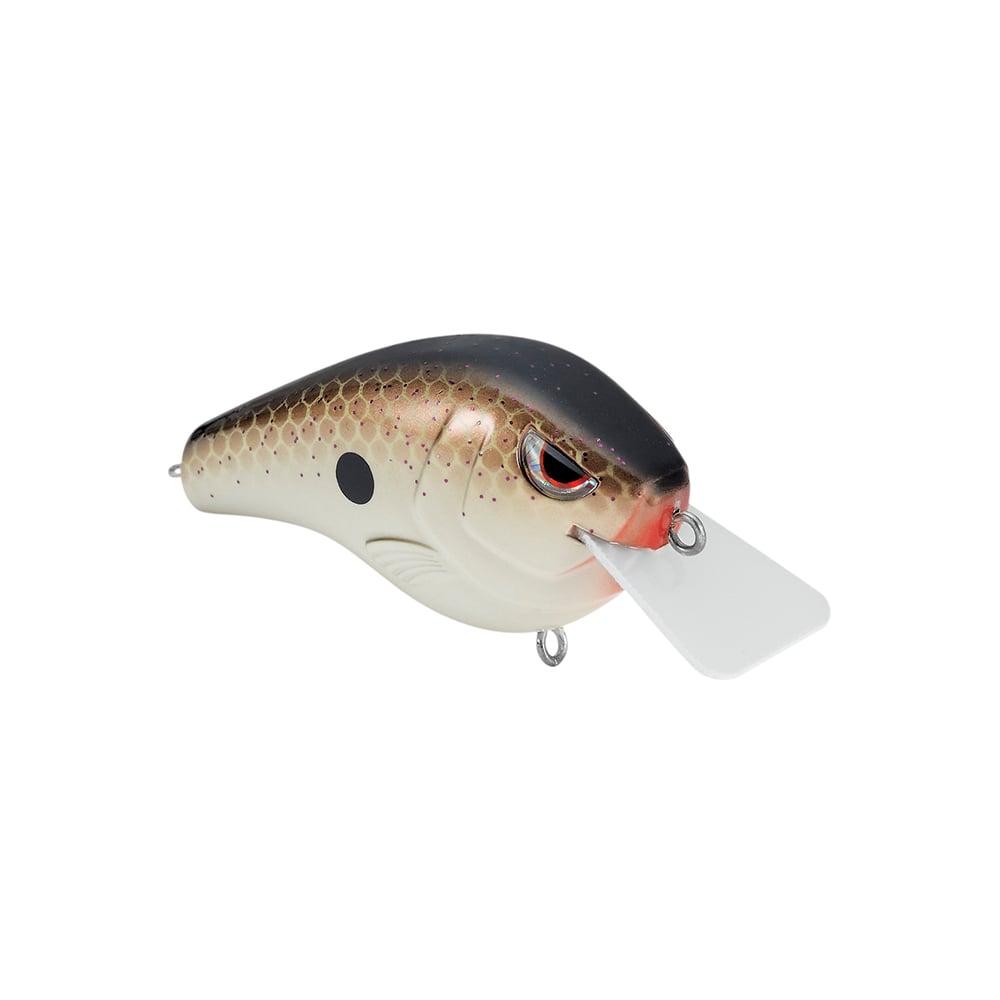 The SPRO Fat Papa Squarebill Crankbait is a realistic fish-imitating lure with a brown-black gradient body and red gill accents. It features Gamakatsu Treble Hooks, a plastic diving lip, and metallic hook loops at the front and bottom.