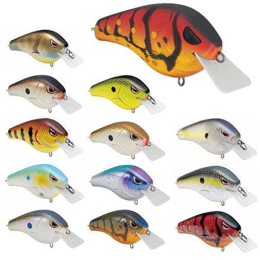 The Spro Fat Papa Squarebill Crankbait collection by SPRO, featuring twelve vibrant lures with striped, spotted, and multicolored designs, includes Gamakatsu treble hooks and a clear plastic lip, elegantly displayed on a pristine white background.