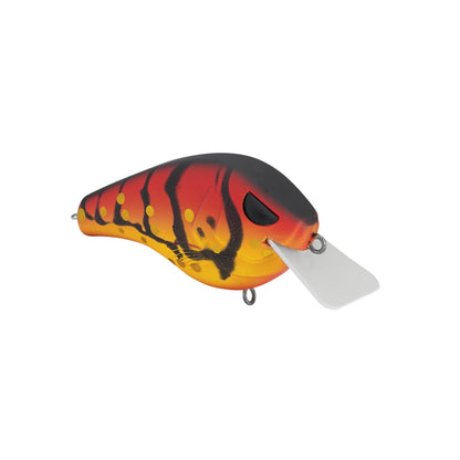 The SPRO Fat Papa Squarebill Crankbait features a vibrant fiery tiger pattern with black stripes on its red and orange body, equipped with Gamakatsu Treble Hooks, a white plastic lip, and sturdy metal rings for secure attachment.