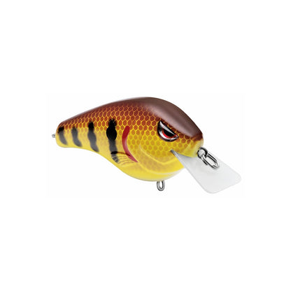 The SPRO Fat Papa Squarebill Crankbait, endorsed by Russ Lane, features a lifelike design with a yellow body, brown scales, dark stripes, and a red eye. It's equipped with precision Gamakatsu Treble Hooks and a clear plastic lip for optimal performance.