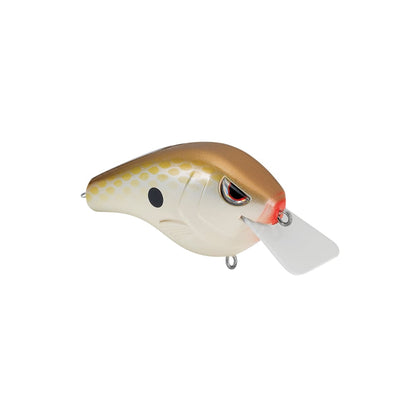 The SPRO Fat Papa Squarebill Crankbait, designed with Russ Lane, mimics a small fish with golden scales, red accents near the mouth, and black eyes. Its clear lip aids in diving, while sturdy metal rings secure Gamakatsu treble hooks for an exceptional fishing experience.