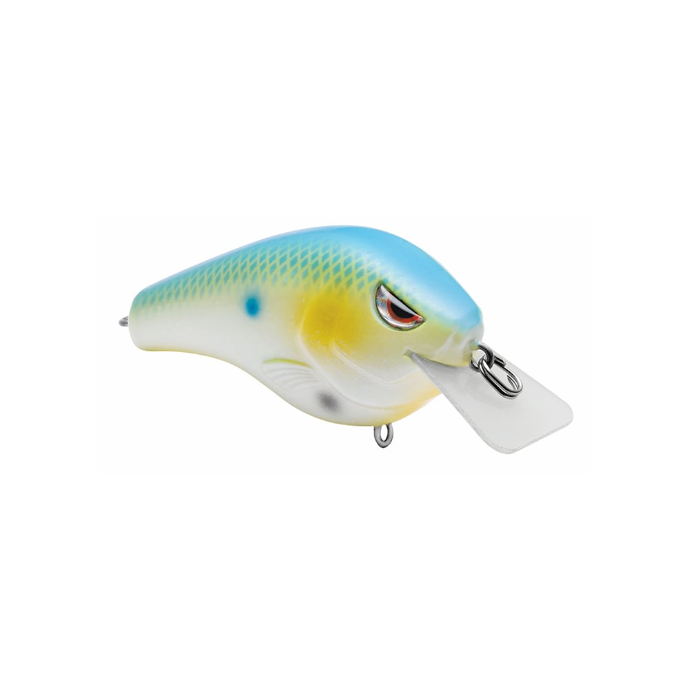 The SPRO Fat Papa Squarebill Crankbait, inspired by Russ Lane, mimics a real fish with a blue top, yellow sides, and white belly. Red eyes and a clear lip enhance its appeal, while the scaled texture adds realism. Outfitted with Gamakatsu Treble Hooks for superior performance.