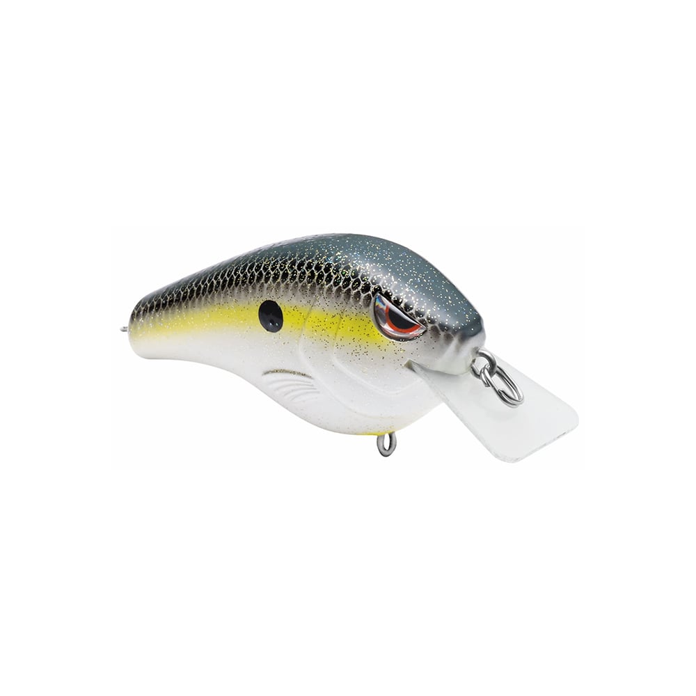 The SPRO Fat Papa Squarebill Crankbait, designed by Russ Lane, features a curved body with a black to yellow-white gradient, lifelike fish eyes, Gamakatsu treble hooks, and a transparent plastic lip for diving.