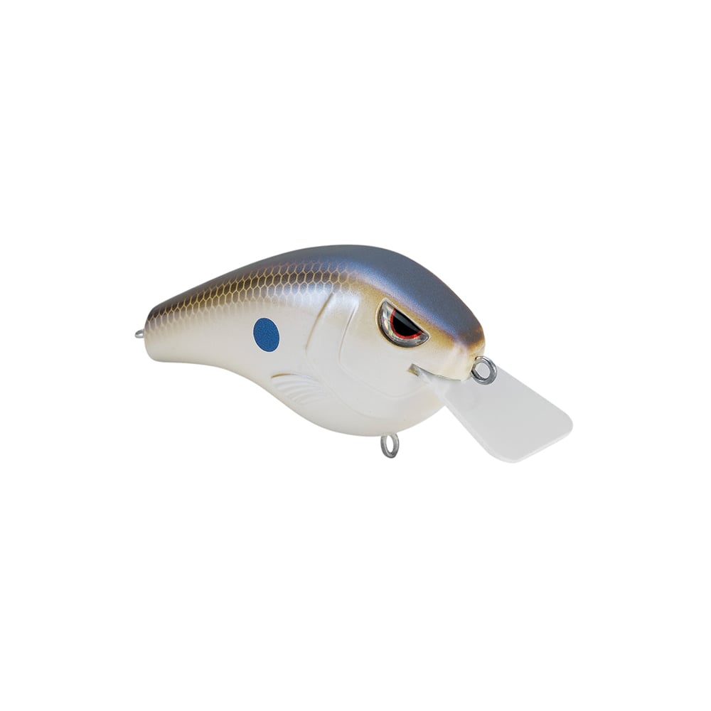 Introducing the SPRO Fat Papa Squarebill Crankbait, a realistic lure featuring Gamakatsu Treble Hooks, shiny body with red eyes, and transparent plastic lip. Colored in gray and white gradients with a dark blue dot near its center, it mimics a fish perfectly.