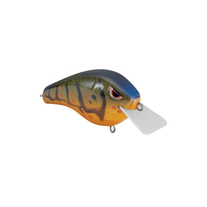 The SPRO Fat Papa Squarebill Crankbait, inspired by Russ Lane, features a fish-like design with a blue top and orange belly. It has realistic eye details, a transparent lip for diving action, and durable Gamakatsu Treble Hooks on top and bottom attachment points.